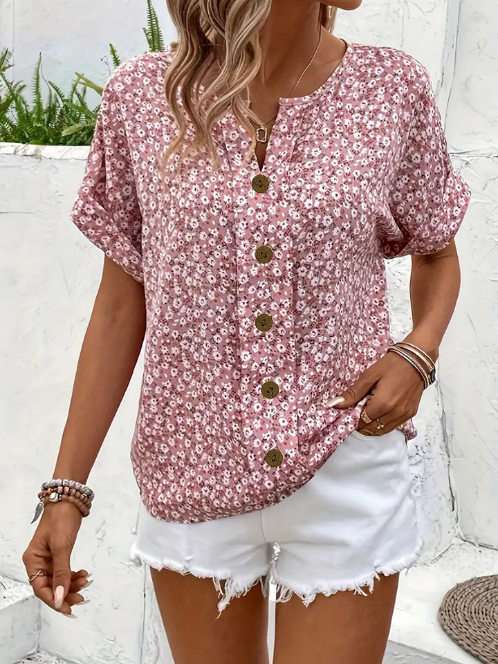 Cindy - Floral Print Notched Colour Blouse