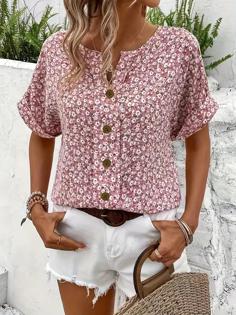 Cindy - Floral Print Notched Colour Blouse