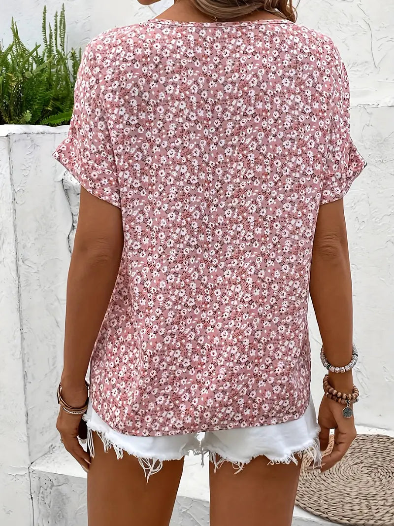 Cindy - Floral Print Notched Colour Blouse