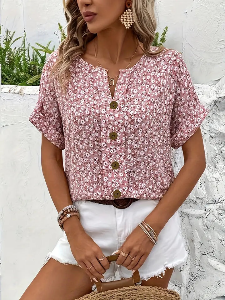 Cindy - Floral Print Notched Colour Blouse
