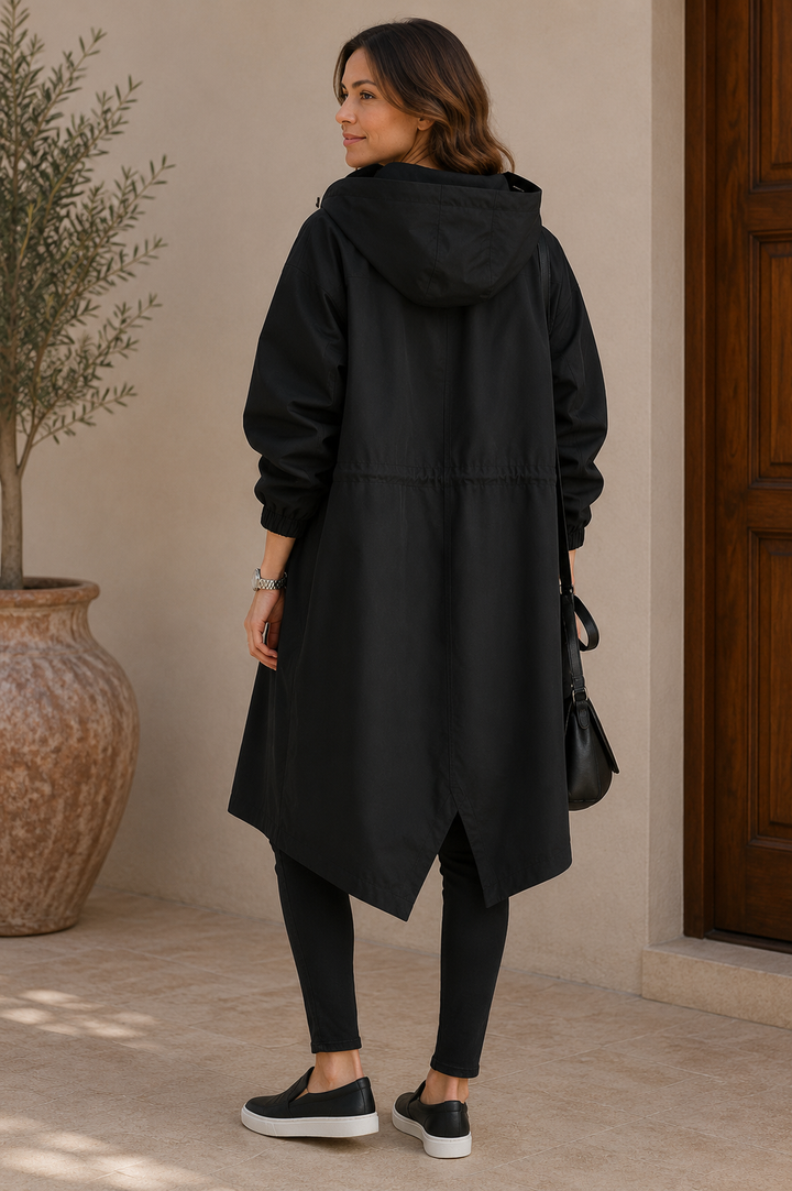 Oversized hooded rain jacket women hood detail