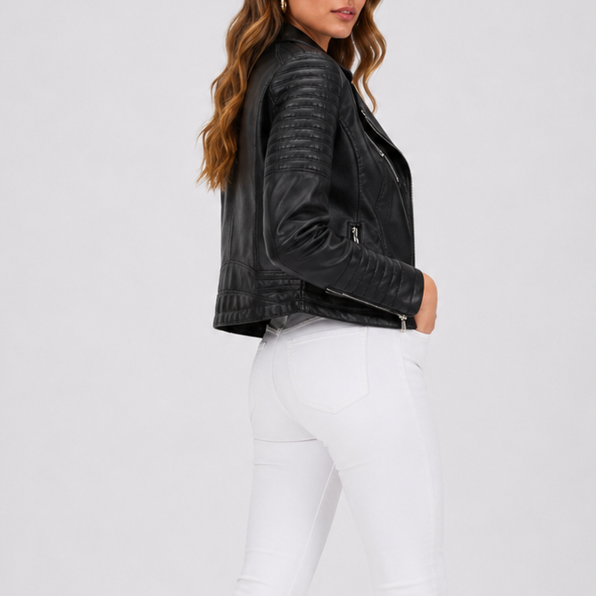 Biker jacket women black collar and sleeve detail