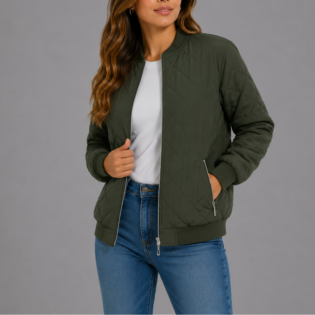 Quilted bomber jacket women olive green