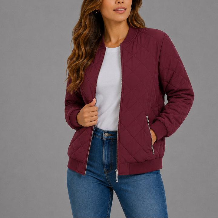 Quilted bomber jacket women deep red
