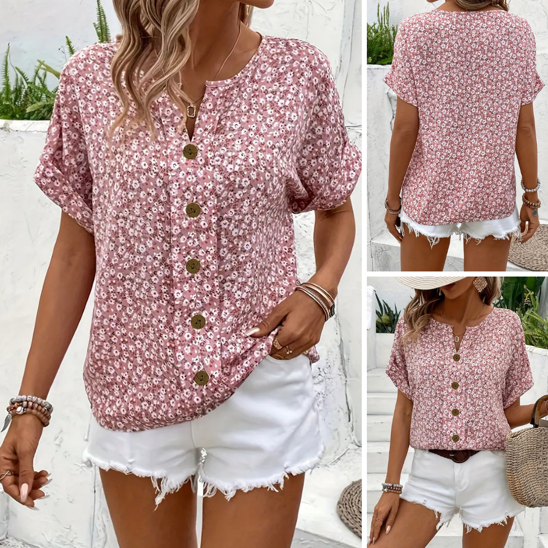 Cindy - Floral Print Notched Colour Blouse