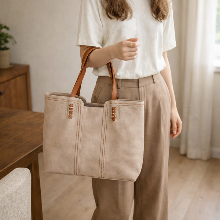 Large Faux Suede Tote Bag with Contrast Stitching and Tan Handles