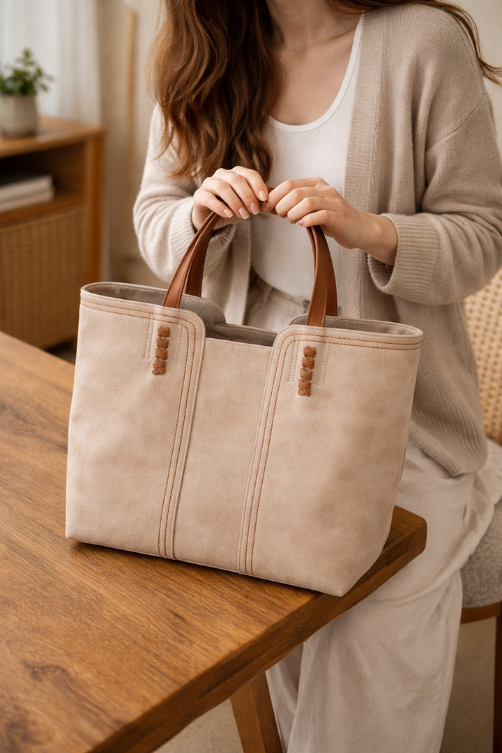 Large Faux Suede Tote Bag with Contrast Stitching and Tan Handles