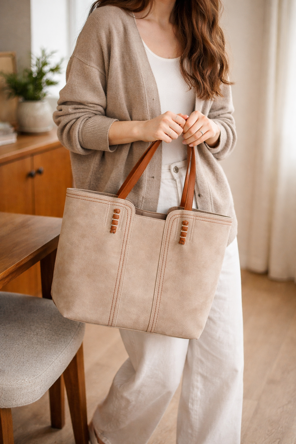 Large Faux Suede Tote Bag with Contrast Stitching and Tan Handles