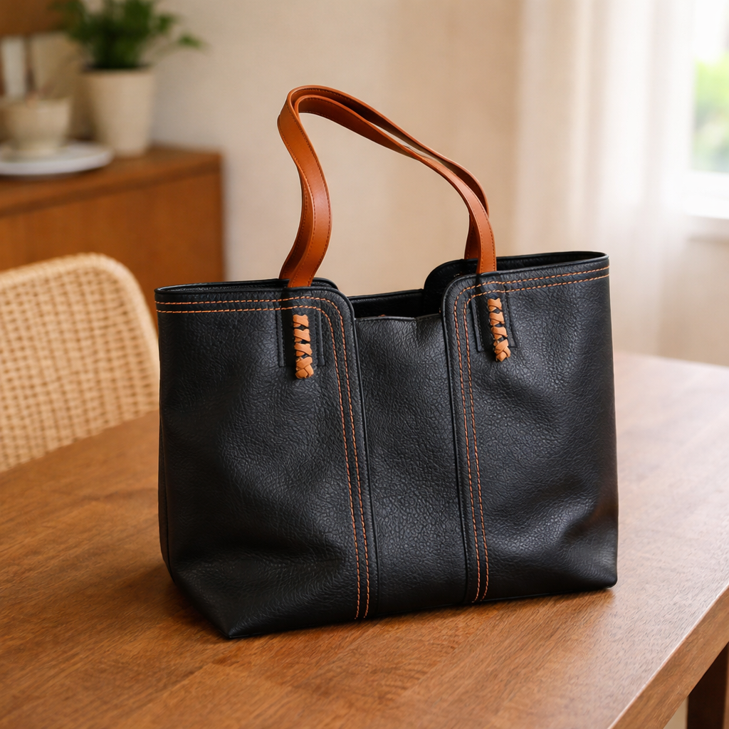 Large Faux Suede Tote Bag with Contrast Stitching and Tan Handles