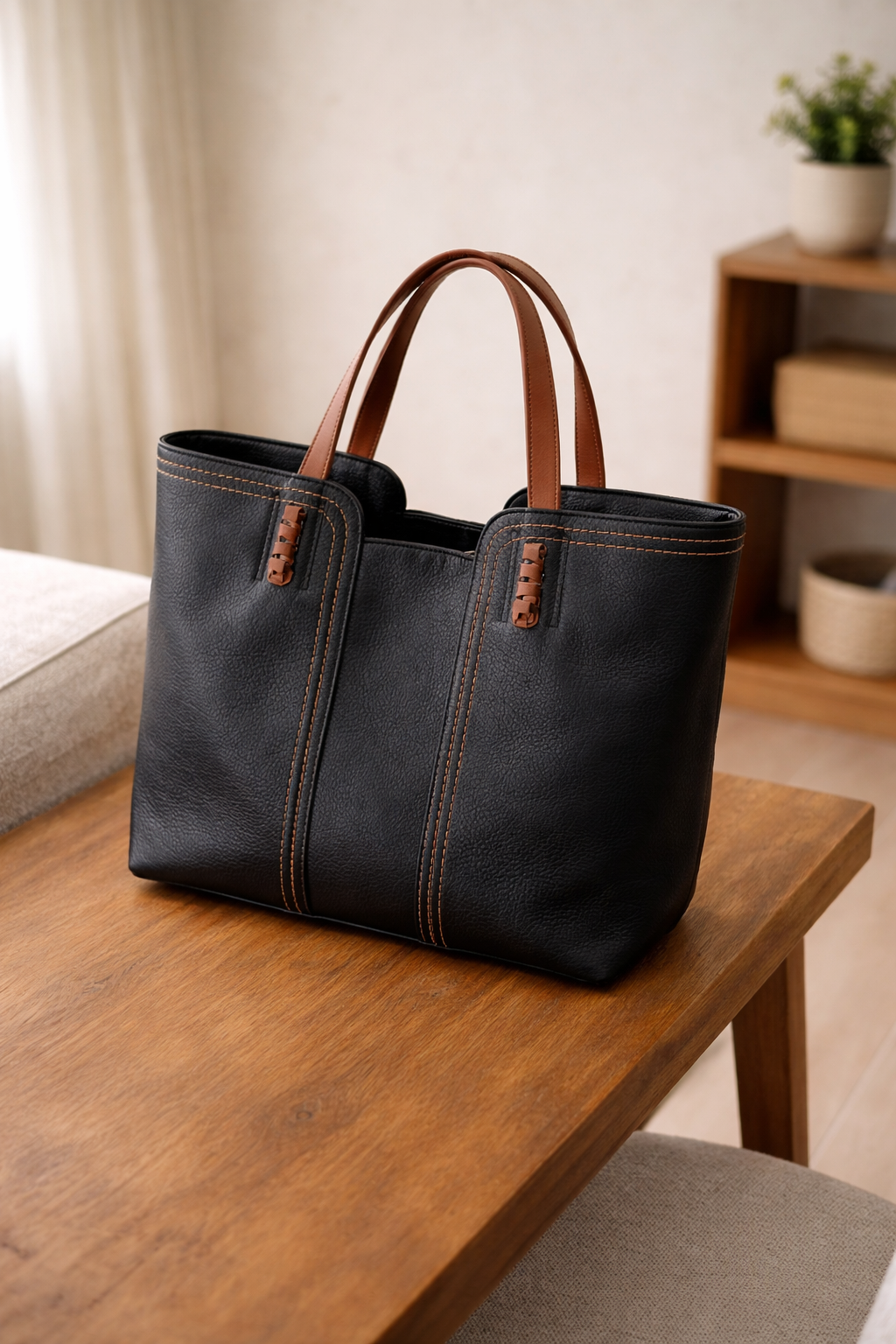 Large Faux Suede Tote Bag with Contrast Stitching and Tan Handles