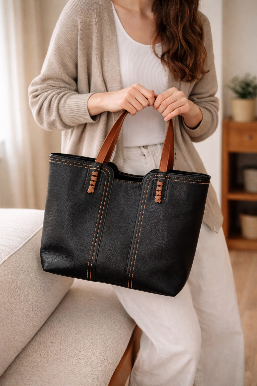 Large Faux Suede Tote Bag with Contrast Stitching and Tan Handles