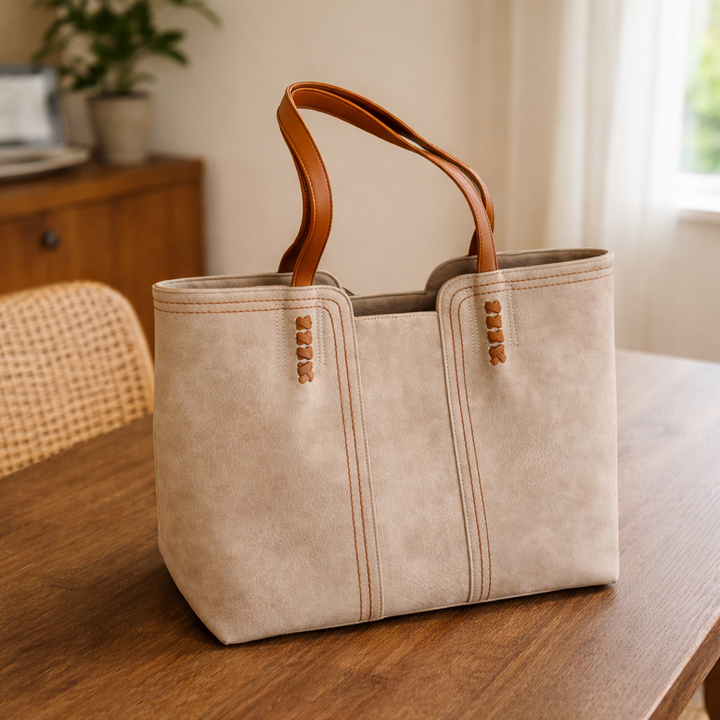 Large Faux Suede Tote Bag with Contrast Stitching and Tan Handles