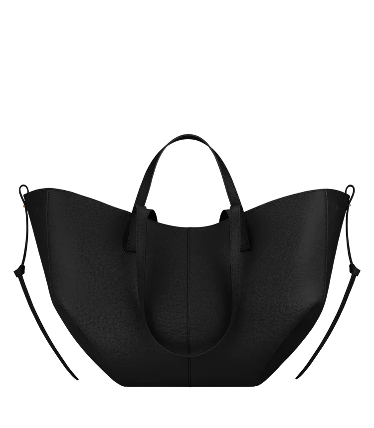 Faux Leather Tote Bag with Gathered Side Ties and Contrast Stitching