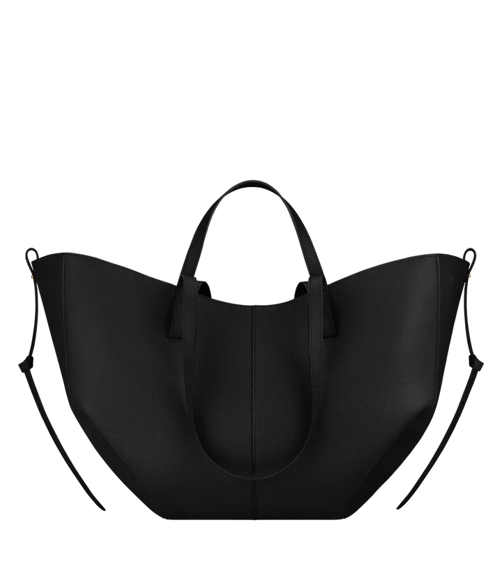 Faux Leather Tote Bag with Gathered Side Ties and Contrast Stitching