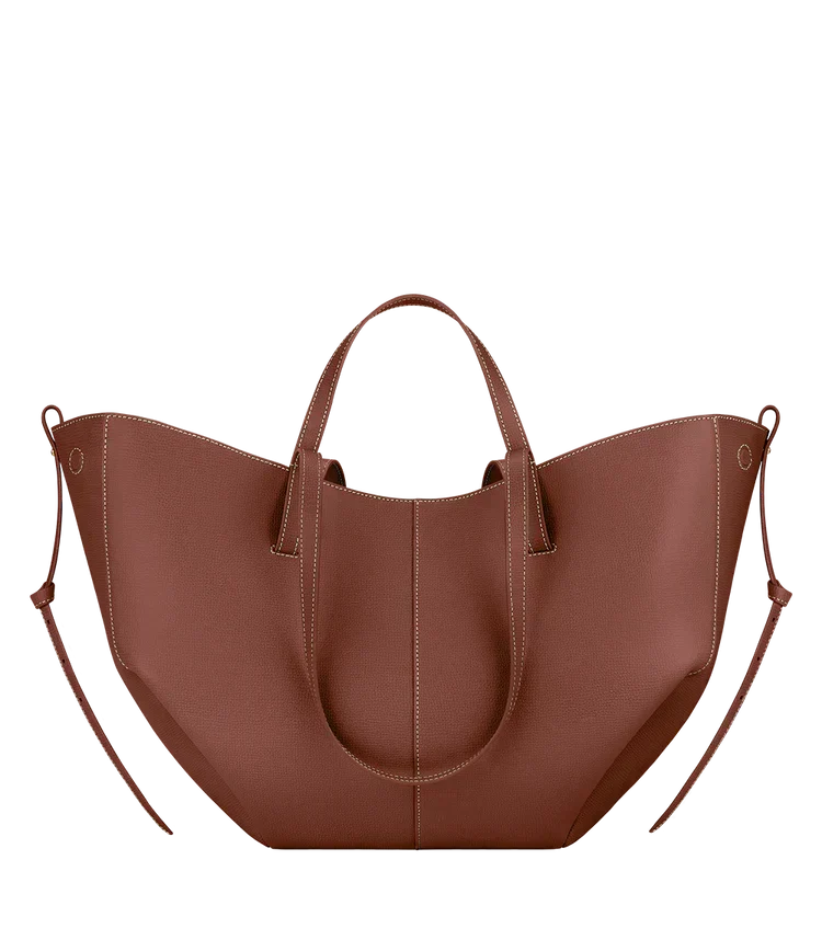 Faux Leather Tote Bag with Gathered Side Ties and Contrast Stitching