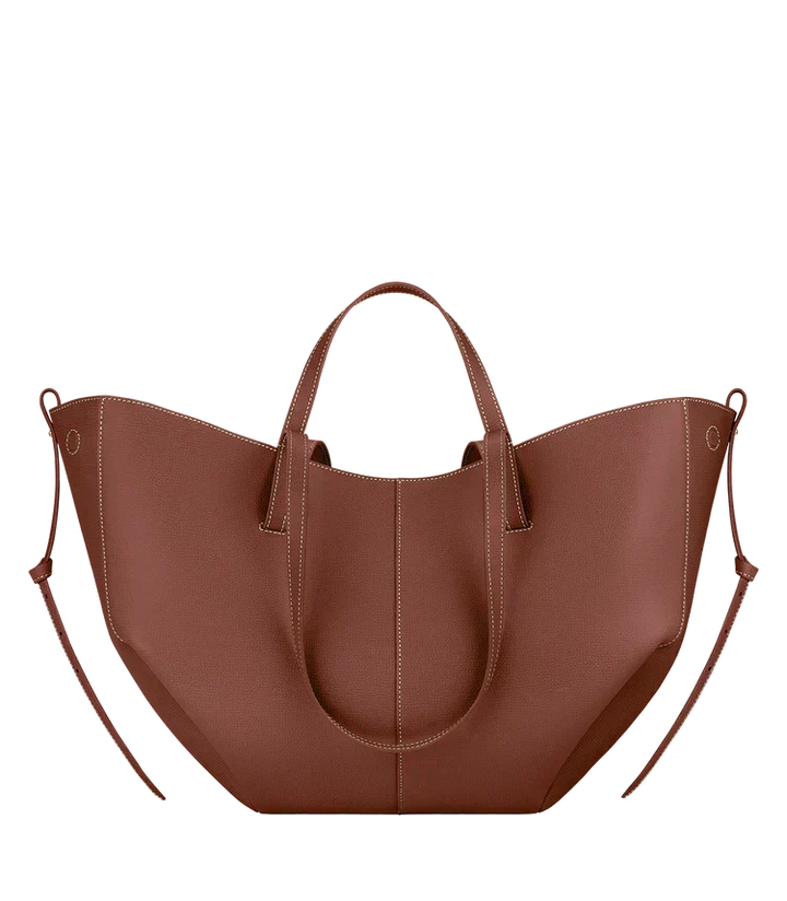 Faux Leather Tote Bag with Gathered Side Ties and Contrast Stitching