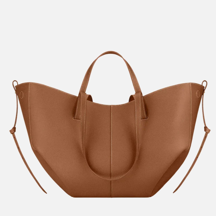 Faux Leather Tote Bag with Gathered Side Ties and Contrast Stitching