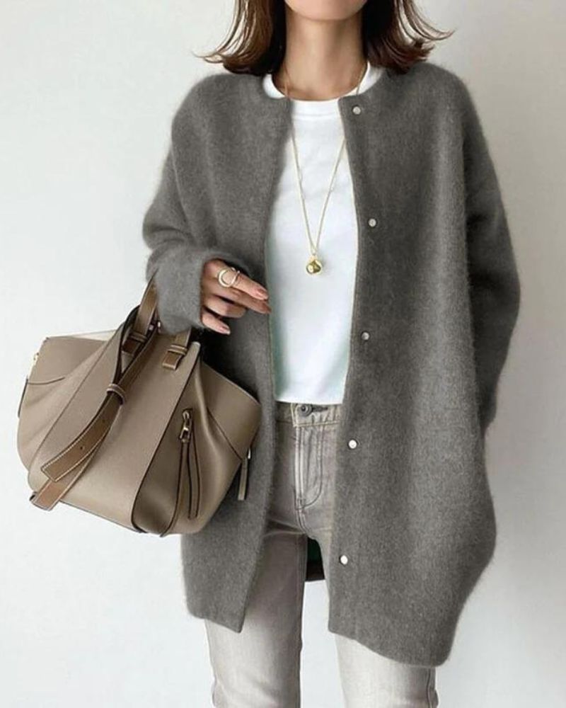 Women's Oversized Knit Cardigan with Snap Button Closure