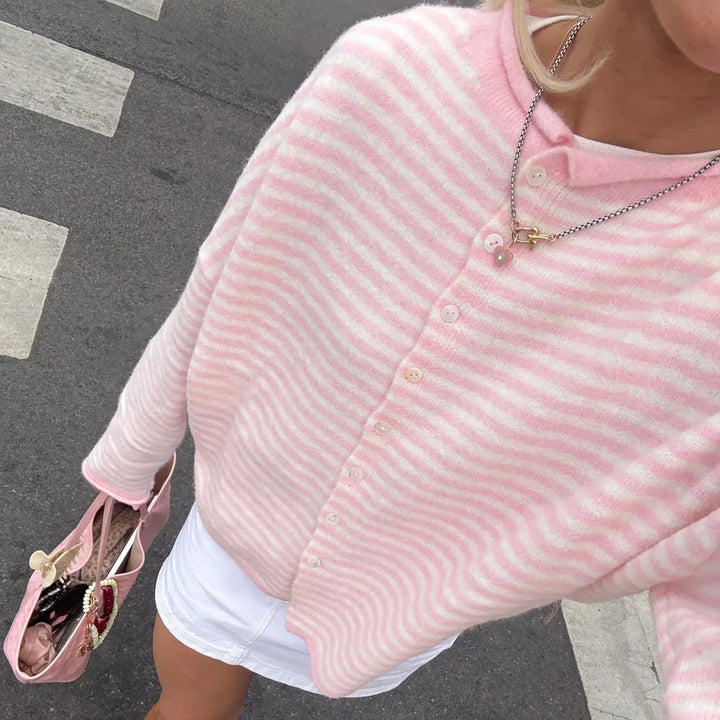 Women's Striped Cardigan with Collar and Button Front