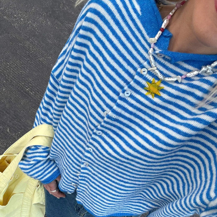 Women's Striped Cardigan with Collar and Button Front