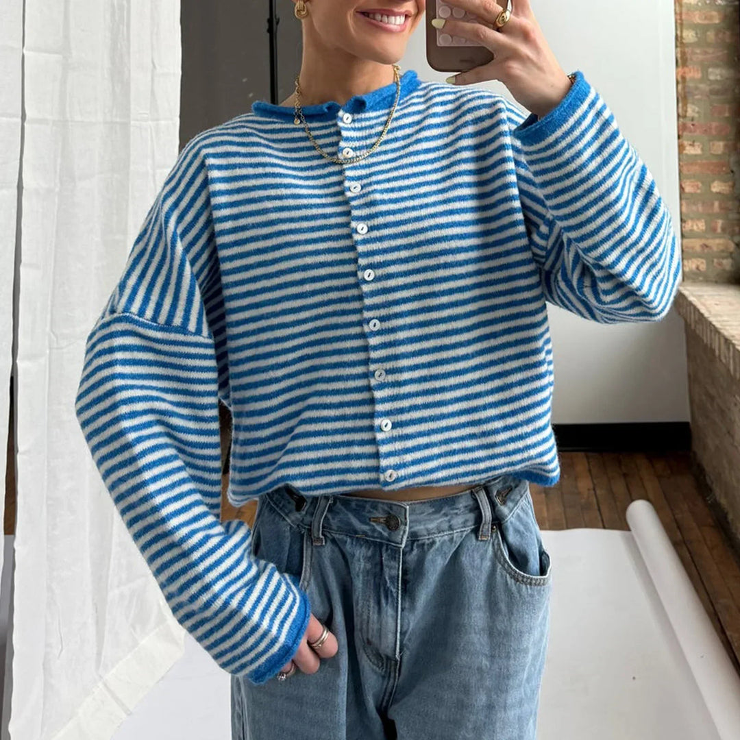 Women's Striped Cardigan with Collar and Button Front