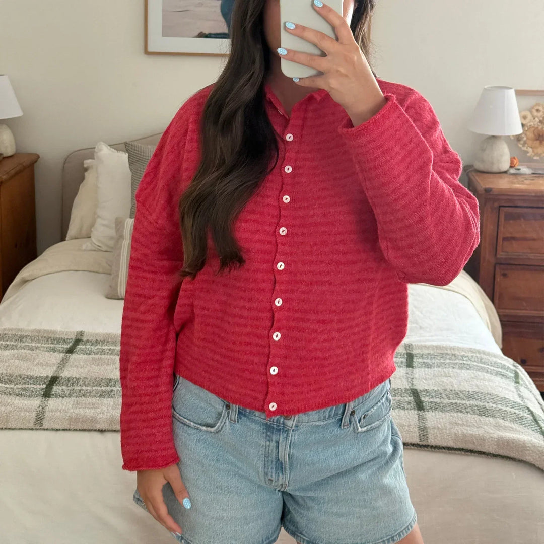 Women's Striped Cardigan with Collar and Button Front