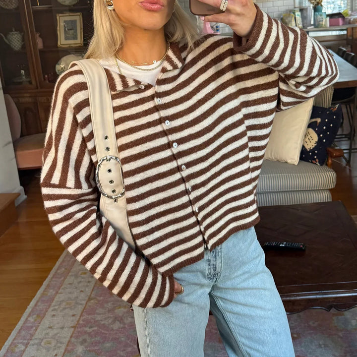 Women's Striped Cardigan with Collar and Button Front