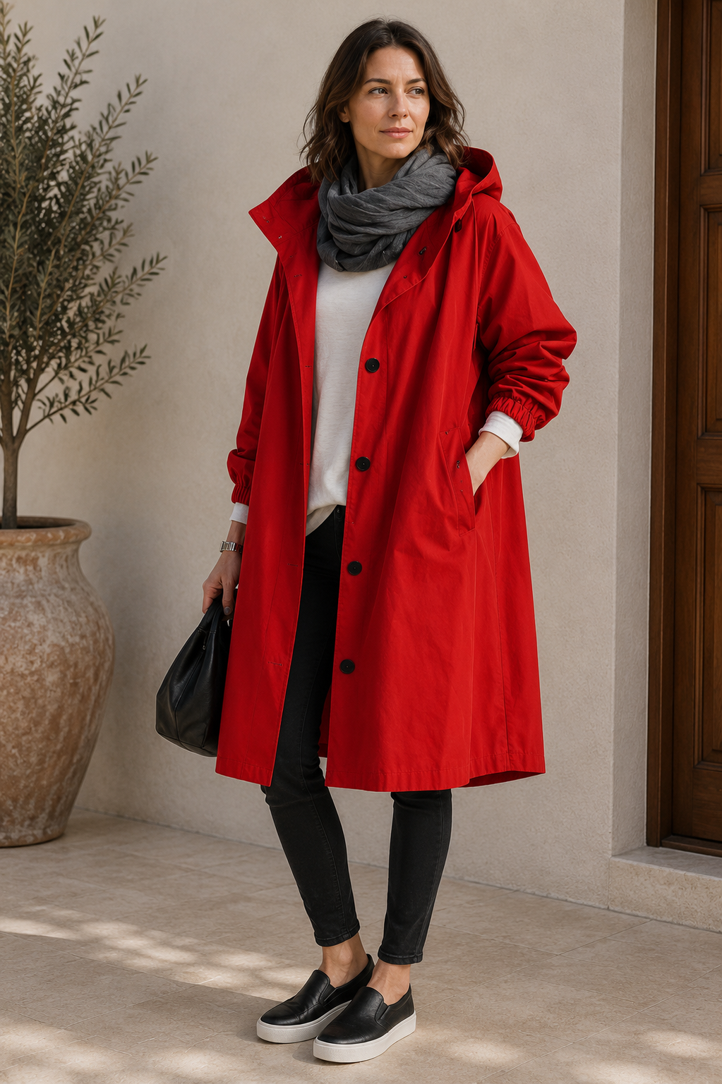 Oversized hooded rain jacket women red