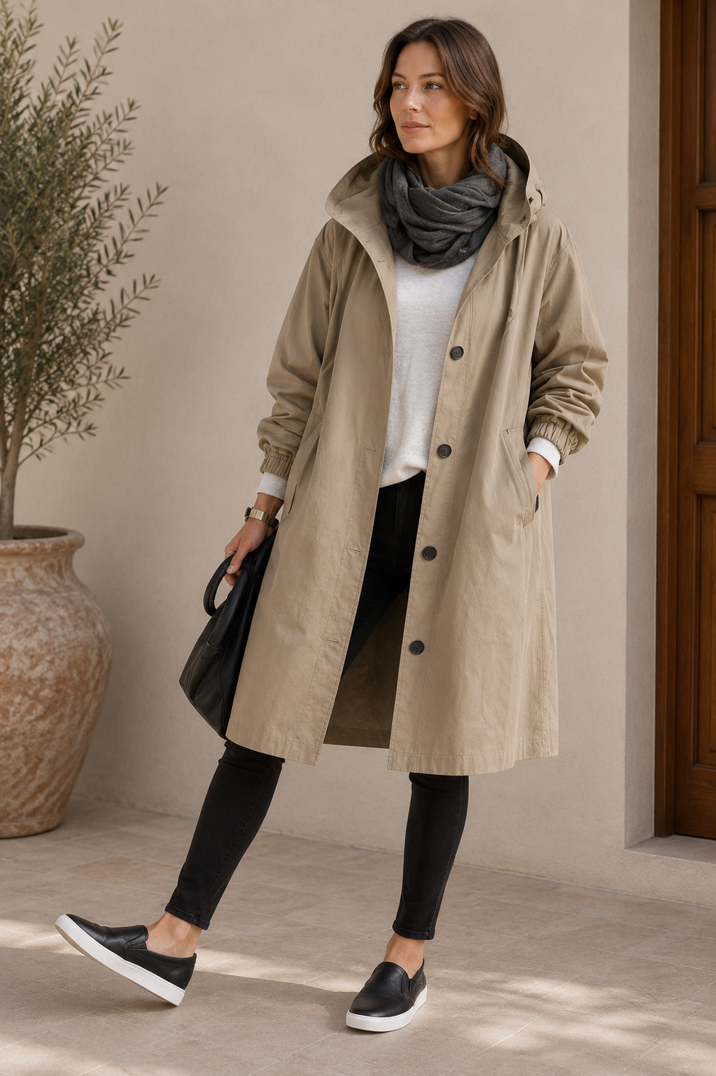 Oversized hooded rain jacket women beige