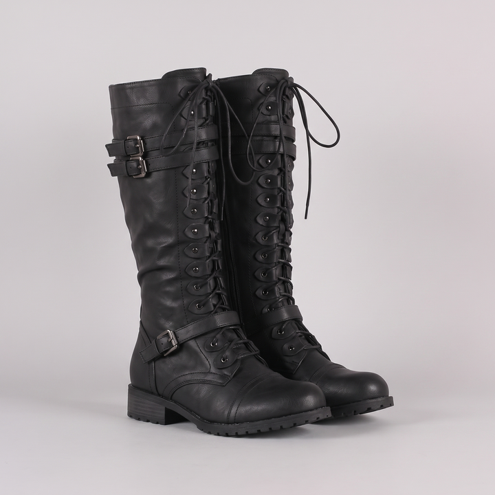 Women's High Boots with Lace & Strap Detail
