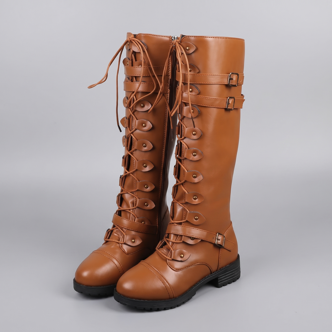Women's High Boots with Lace & Strap Detail