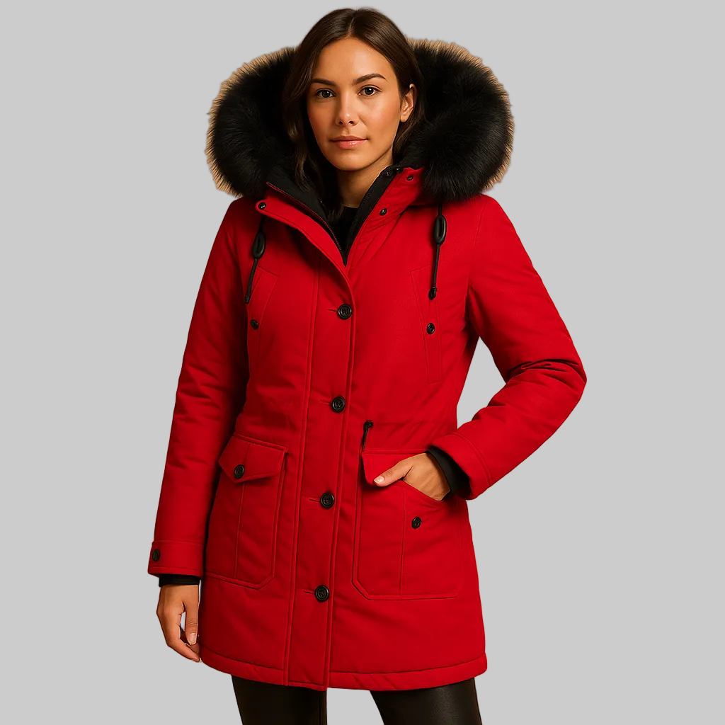 Long padded winter coat women faux fur collar red
