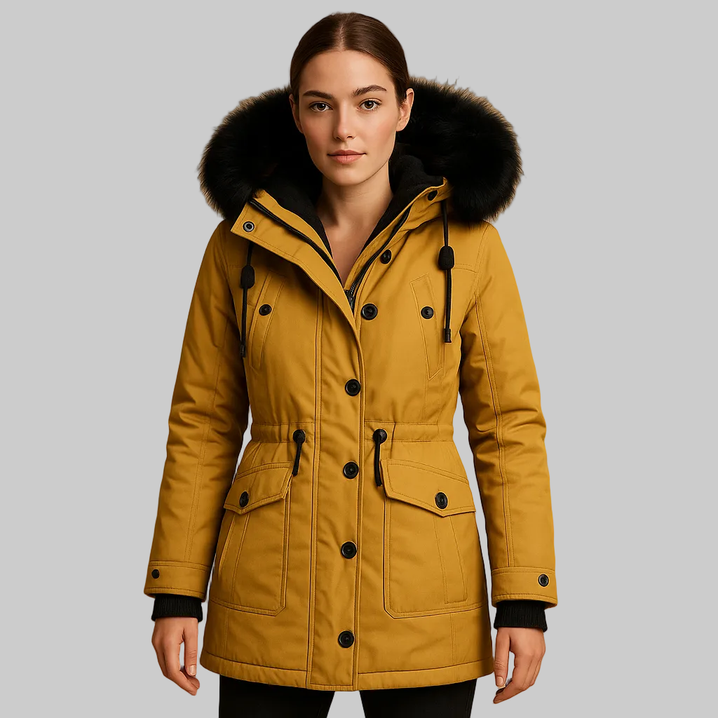 Long padded winter coat women faux fur collar yellow