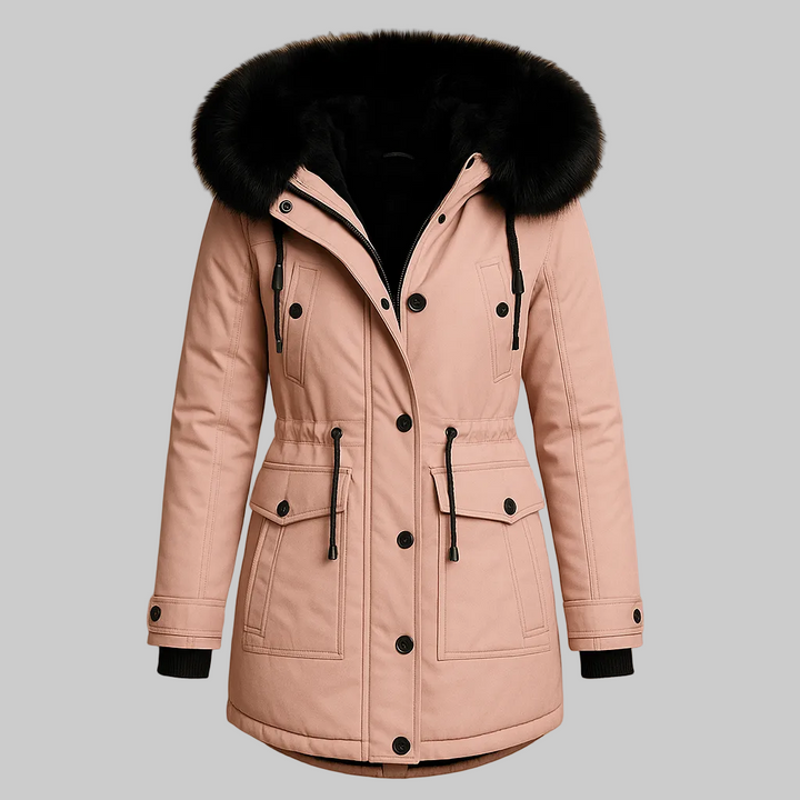 Long padded winter coat women faux fur collar pink