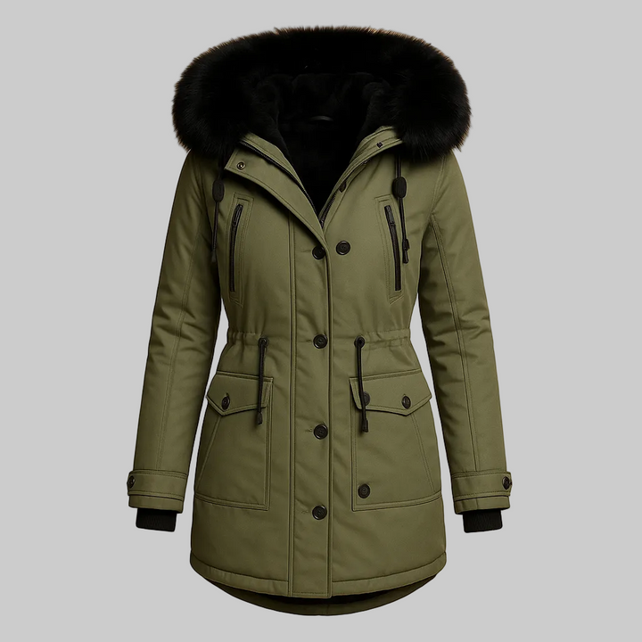 Long padded winter coat women faux fur collar green