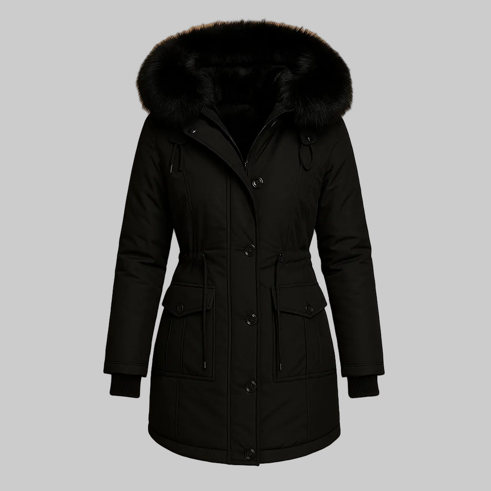 Long padded winter coat women faux fur collar black