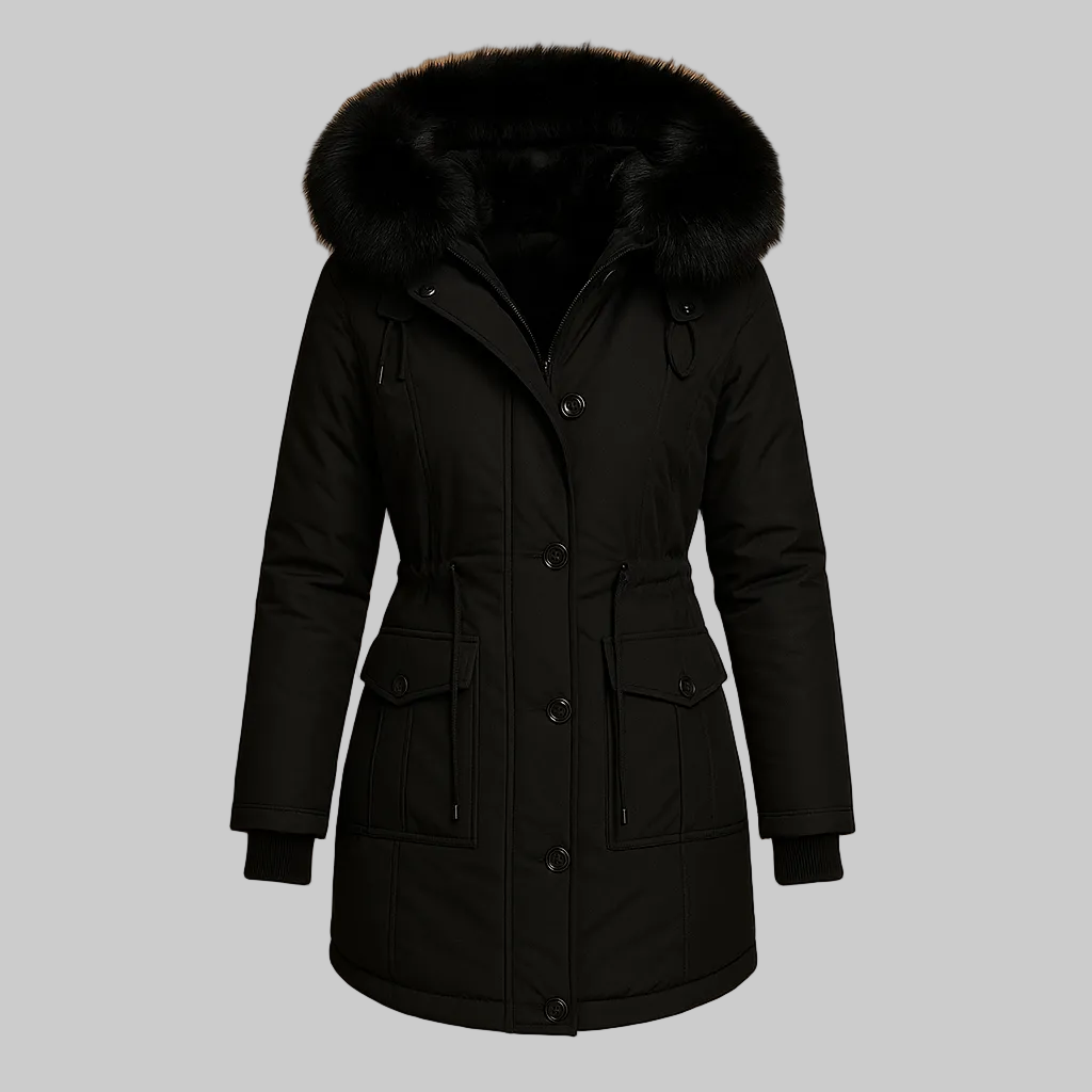 Long padded winter coat women faux fur collar black