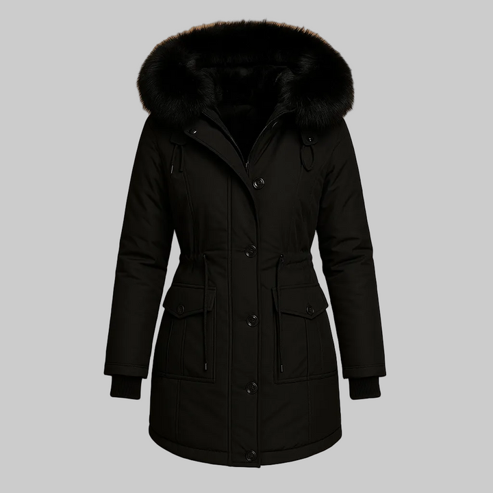 Long padded winter coat women faux fur collar black