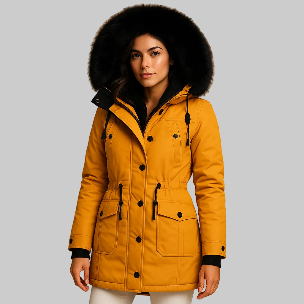 Long padded winter coat women faux fur collar gold